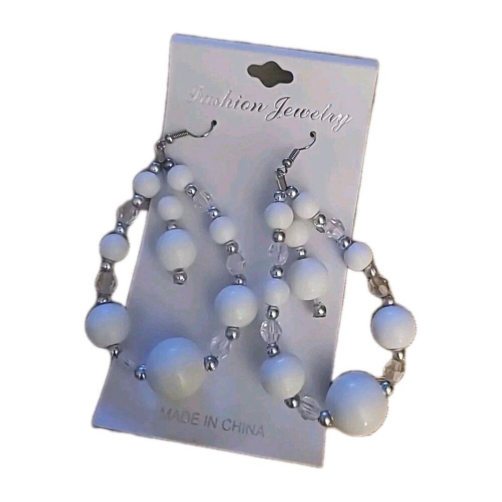 Fashion Jewelry* Ladies Beaded Earrings Silver Dangle *White *Hook Fasteners,NEW